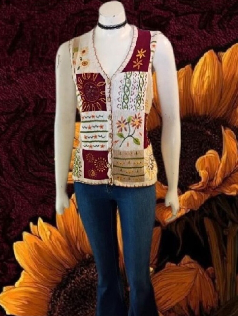 VTG 90s White Stag Multi Color Sunflower/Sun Embroidered Patchwork Sweater Vest
